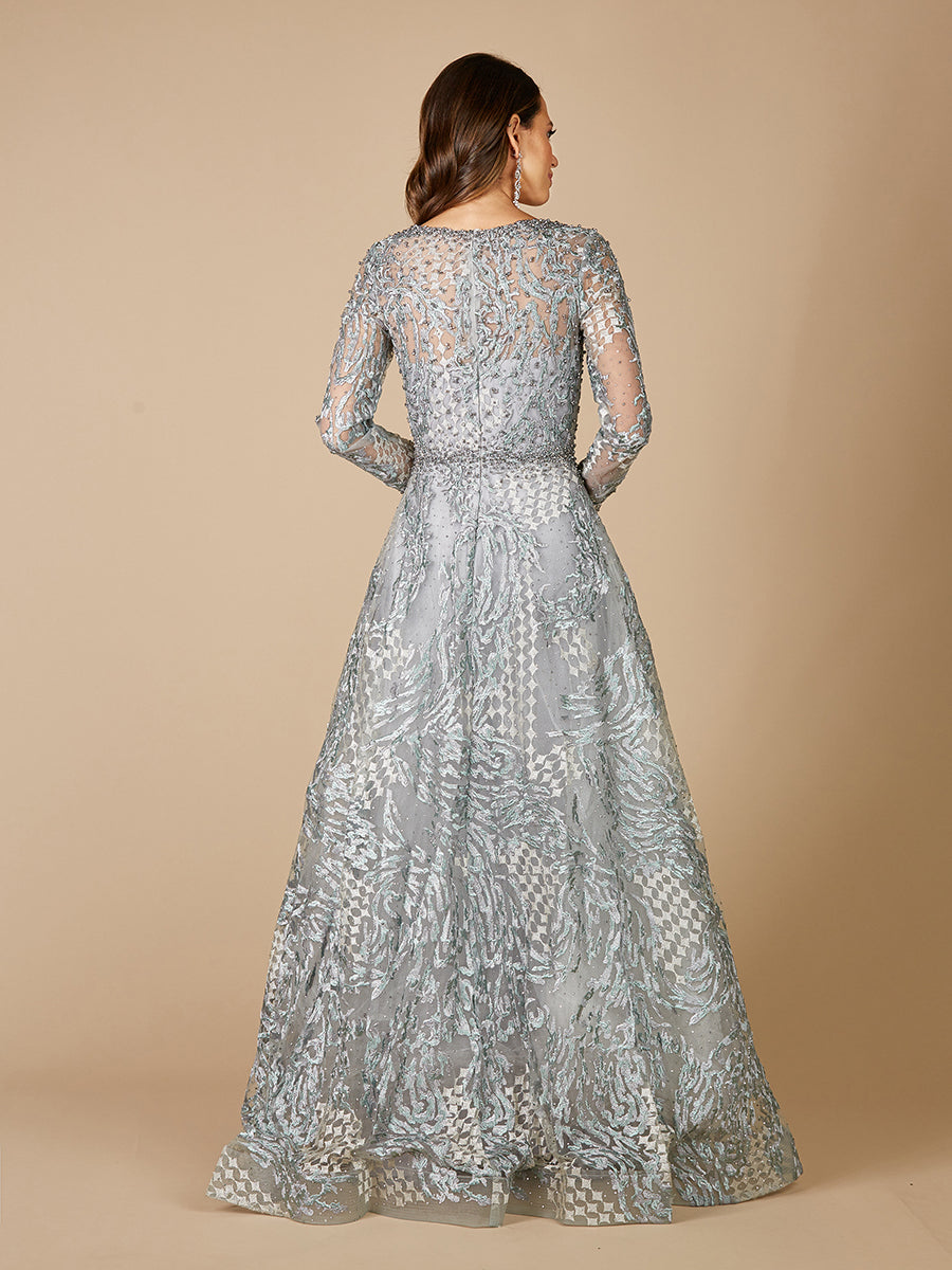 Long Sleeve Lace Ballgown with V-Neckline OUTLET