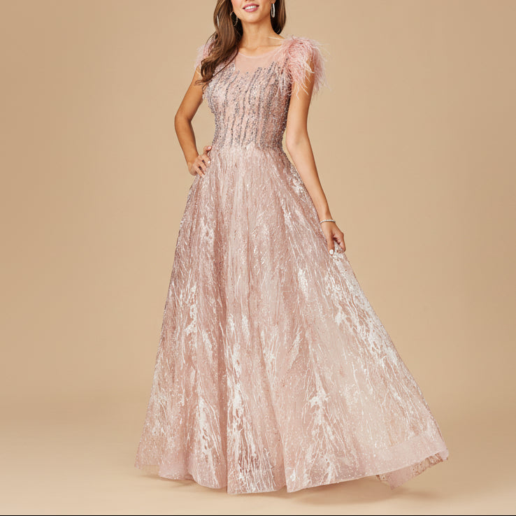 Lace ballgown with Feather Cap Sleeves