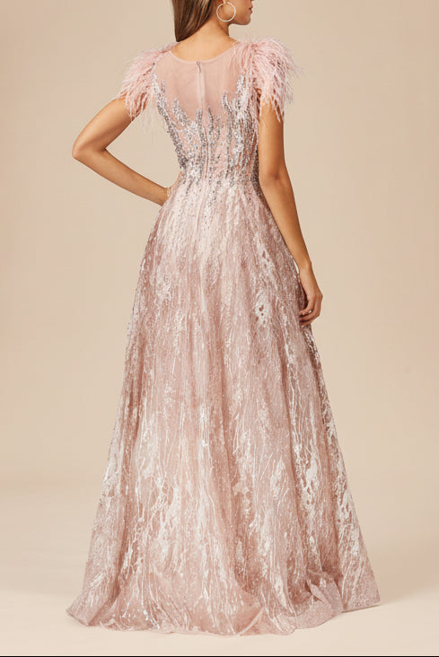 Lace ballgown with Feather Cap Sleeves