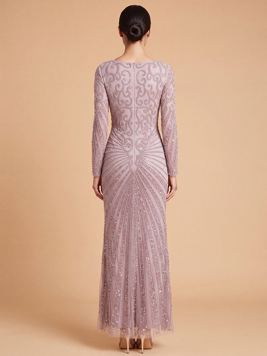 Lara 29602 - V Neck Beaded Long Sleeve Dress