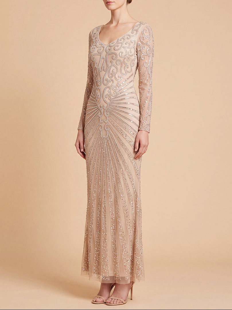 Lara 29602 - V Neck Beaded Long Sleeve Dress