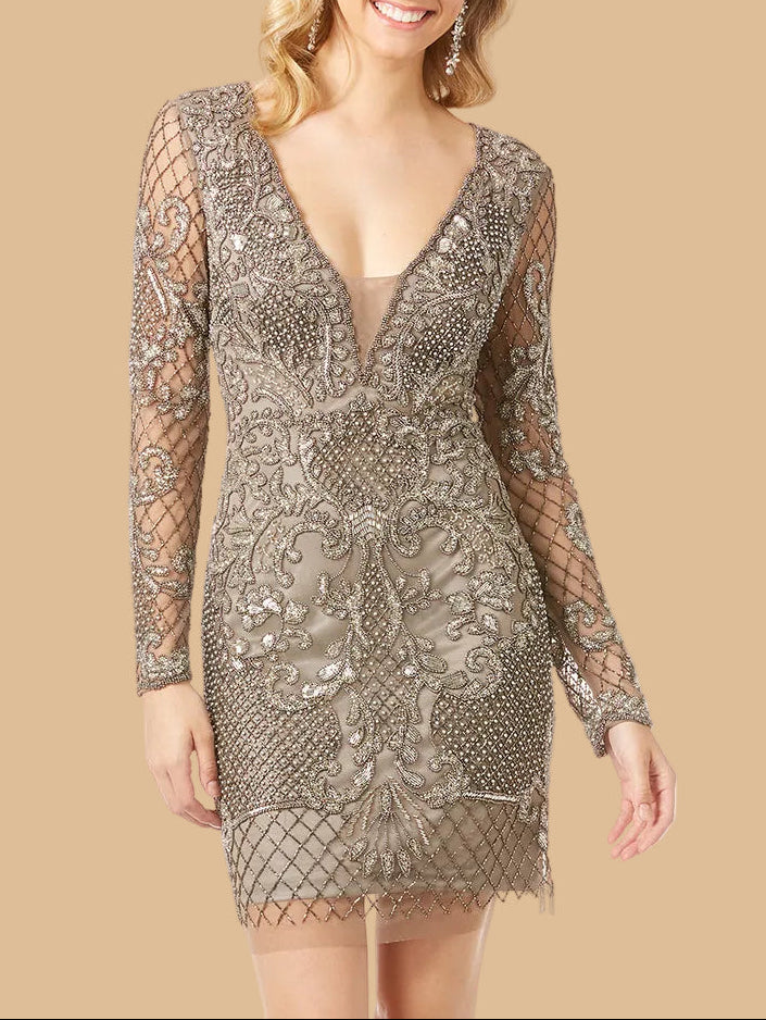 Lara 29610 - Long Sleeve Beaded Cocktail Dress