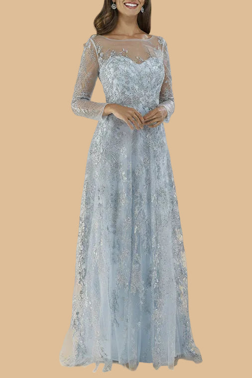 Lara 29677 - Illusion Neckline A-line Long Sleeves Gown