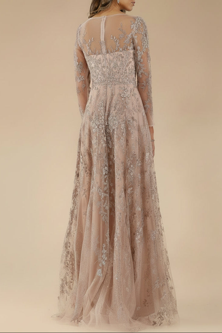 Lara 29677 - Illusion Neckline A-line Long Sleeves Gown