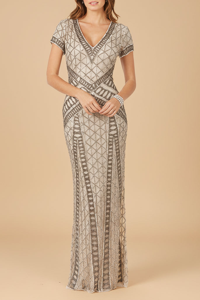 Lara 29746 - Beaded V-Neckline Dress with Cap Sleeves