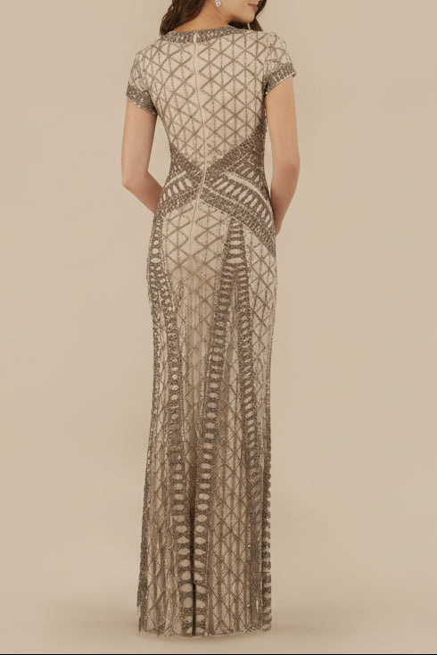 Lara 29746 - Beaded V-Neckline Dress with Cap Sleeves