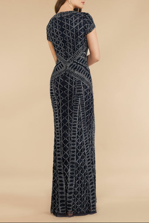 Lara 29746 - Beaded V-Neckline Dress with Cap Sleeves