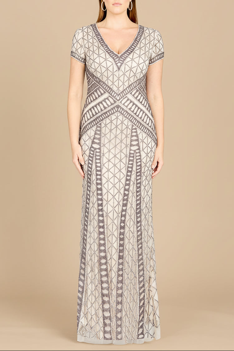 Lara 29746 - Beaded V-Neckline Dress with Cap Sleeves