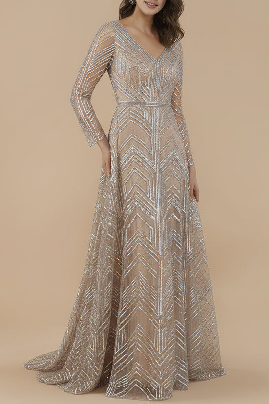 Lara 29753 - Long Sleeves Beaded Ballgown