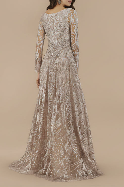 Lara 29753 - Long Sleeves Beaded Ballgown