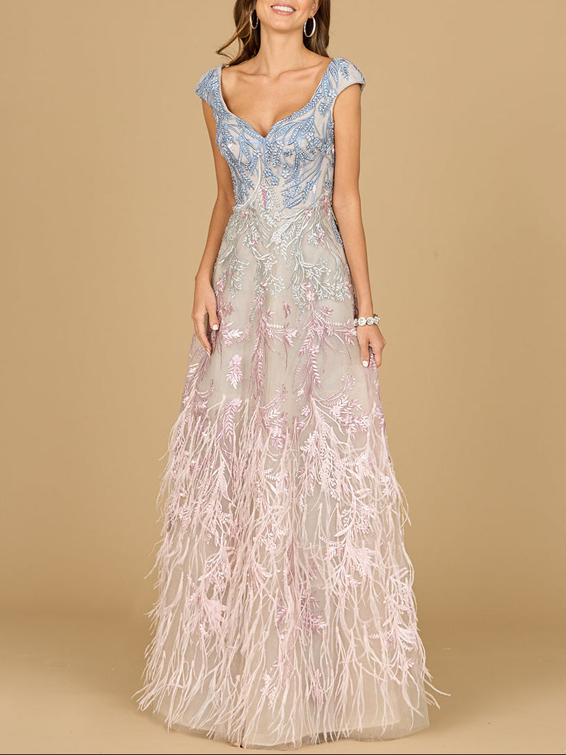 Cap Sleeves Feather Detail Ballgown | 29783