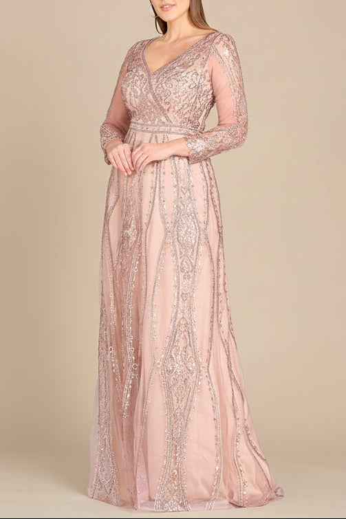 Long Illusion Sleeves, A-line Long Gown | Lara 29788