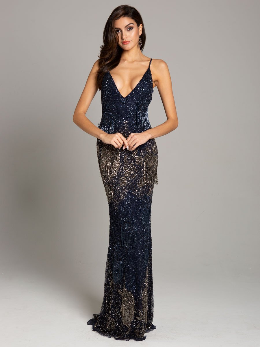 Lara Danika Floral Beaded Sheath Beaded Dress with Beaded Fringe