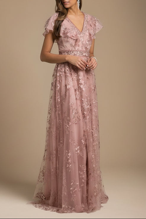 Lace, V-Neck Evening Dress | Lara 29966 -