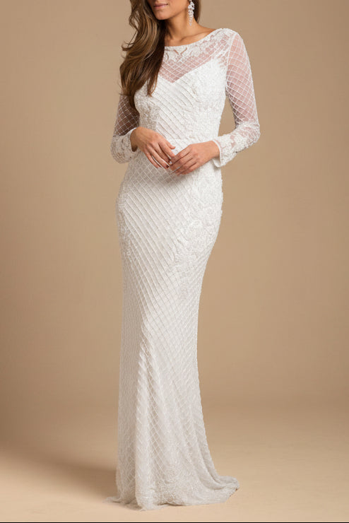 High Neck, Long Sleeve Beaded Wedding Gown | Lara 51004