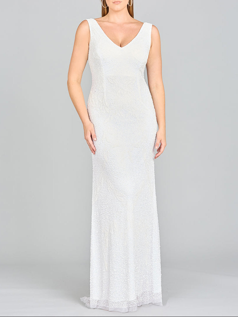 Lara Erika Beaded Draped Cowl Back V-Neck Wedding Dress