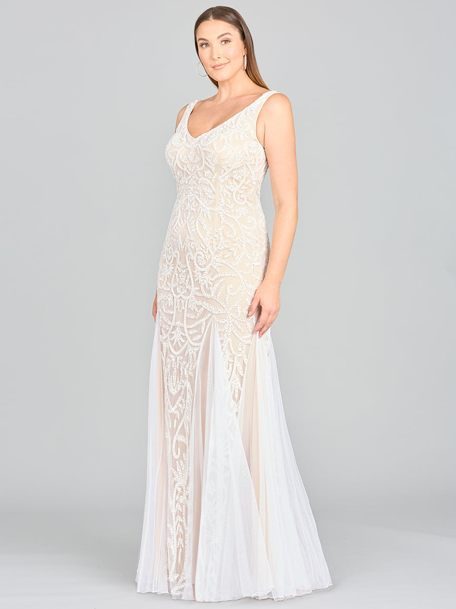 Lara Greta Beaded V-Neck Tulle Wedding Dress with Contrast Lining