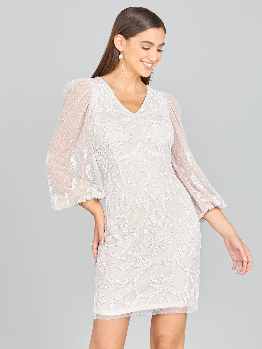 V-Neck, Balloon Sleeve Bridal Mini