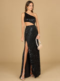 One Shoulder Beaded Gown with Cutout