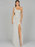 One-Shoulder Beaded Gown with Slit