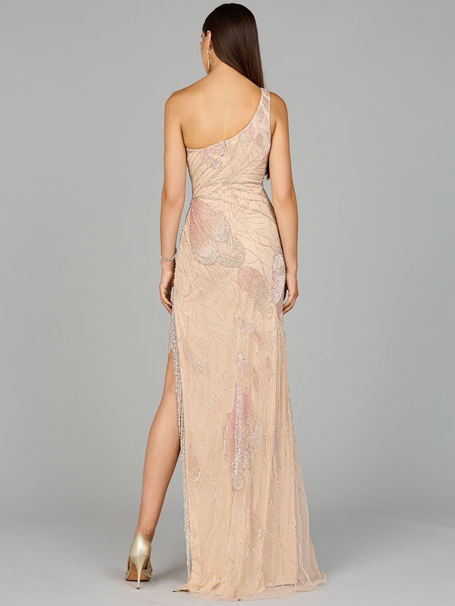 One Shoulder Beaded Gown with Fringe Slit - OUTLET
