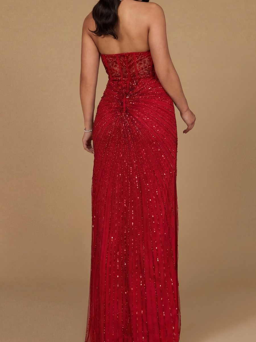 Embellished Strapless Gown with Slit | 9953