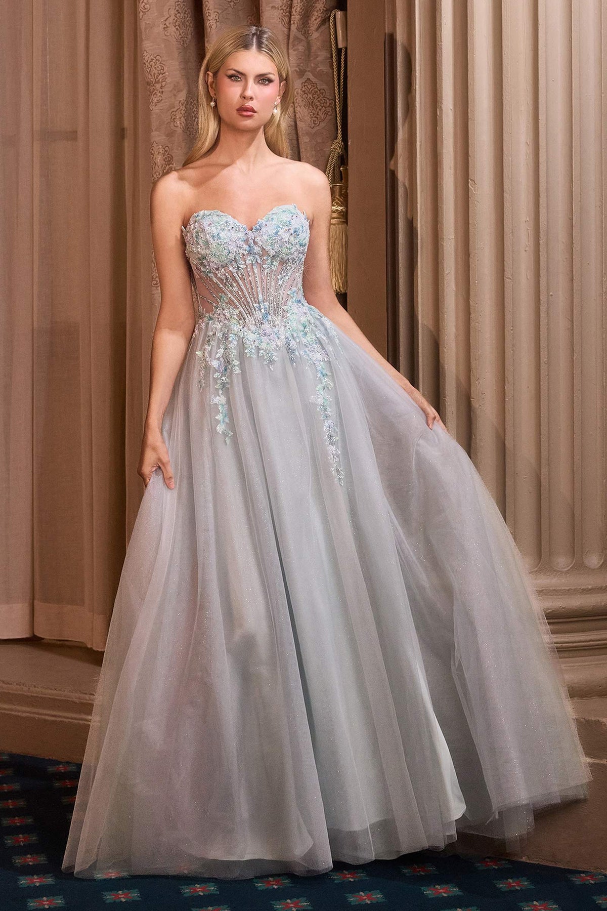 Andrea & Leo A1478 Strapless Sweetheart Boned Bodice Floral Applique Ball Gown