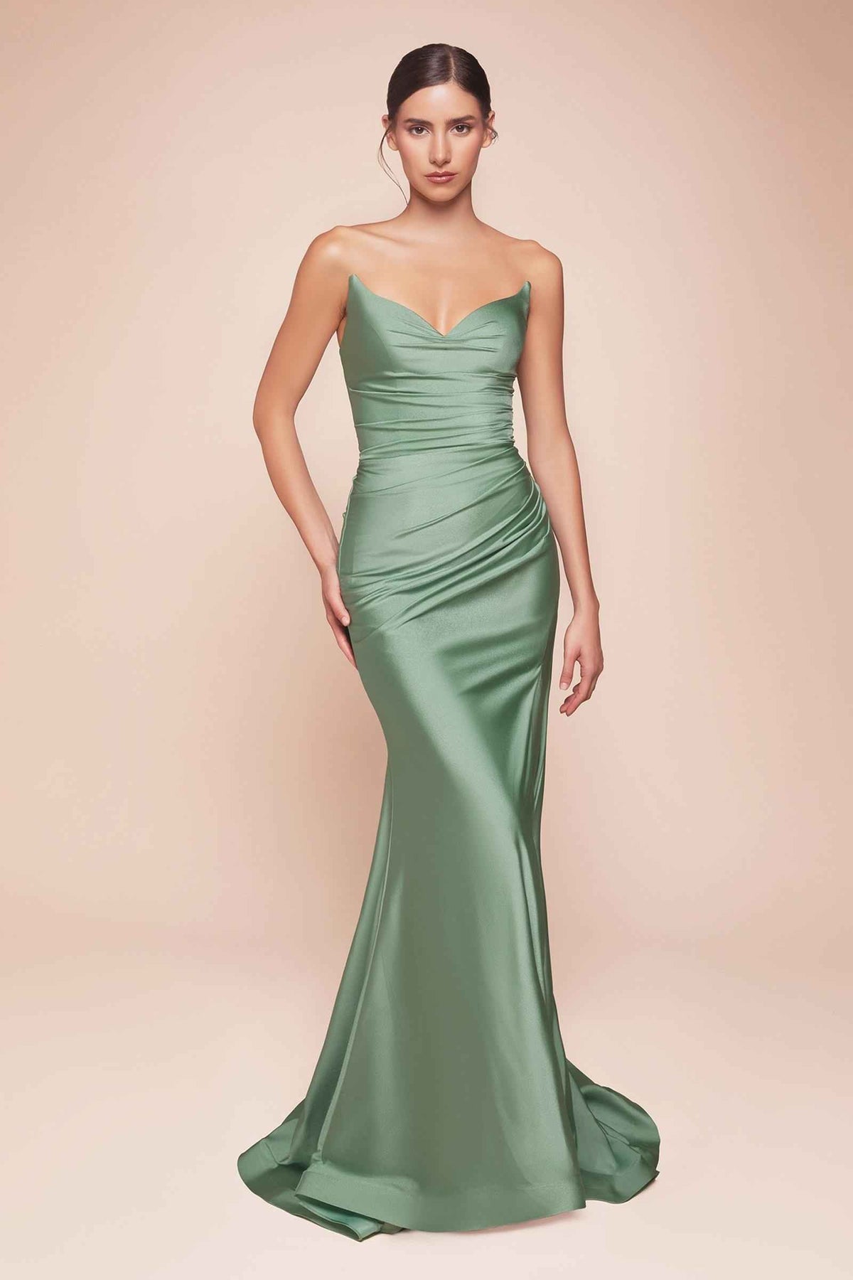 CLEARANCE - Ladivine CD791 Dress Strapless Stretch Satin Fitted Dusty Rose Gown (Size 8)