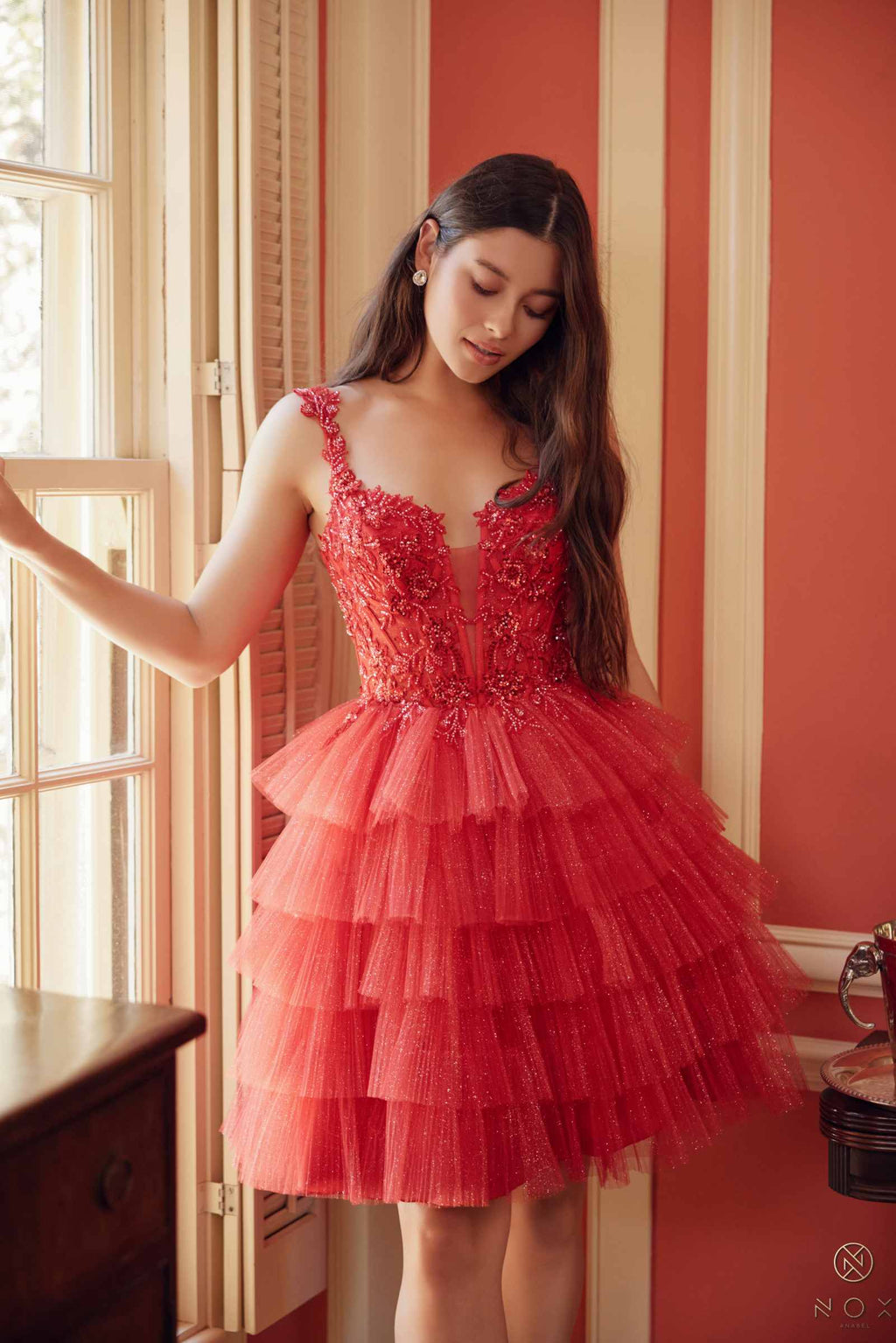 Nox Anabel E904 Short Tiered Ruffled A-Line Gown