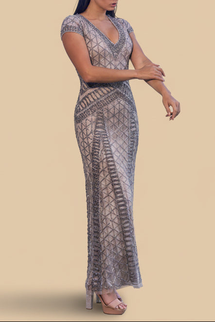 Lara 29746 - Beaded V-Neckline Dress with Cap Sleeves