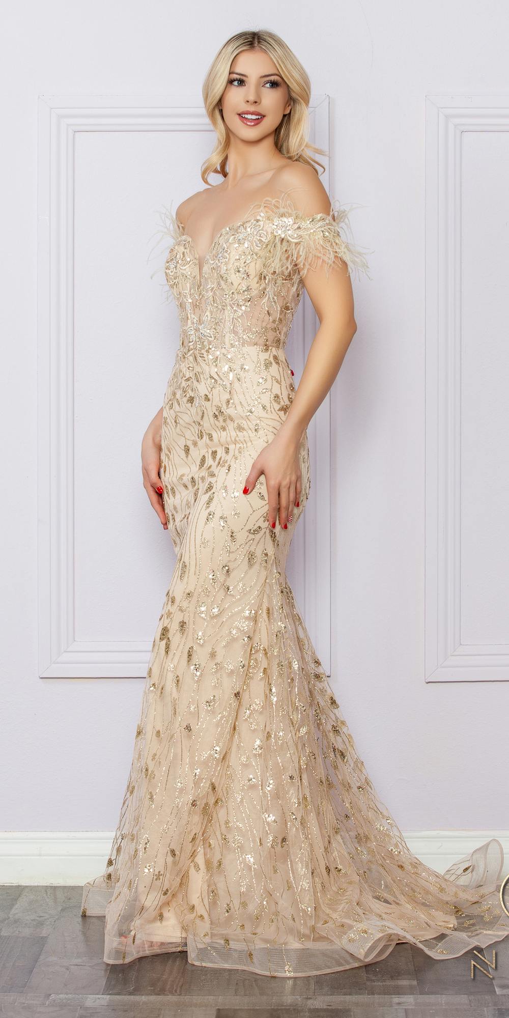 Nox Anabel L1255 Long Embroidered Glitter Applique Fitted Gown