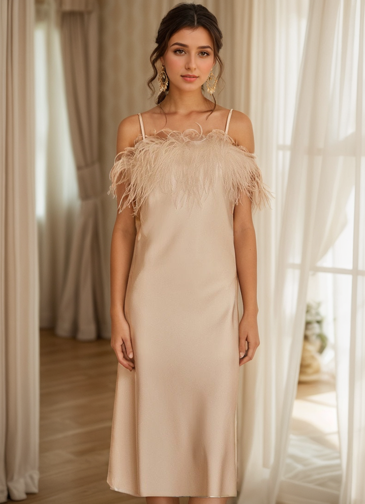 Luxury Ostrich Feather Silky Satin Long Nightgown