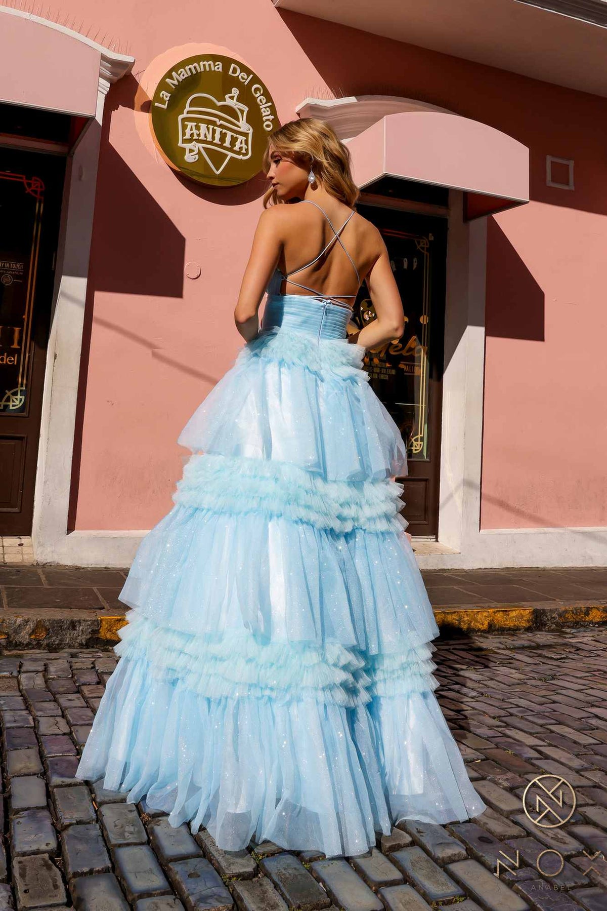 Nox Anabel R1316 Long Glitter Ruffled Tiered A-Line Sleeveless Gown