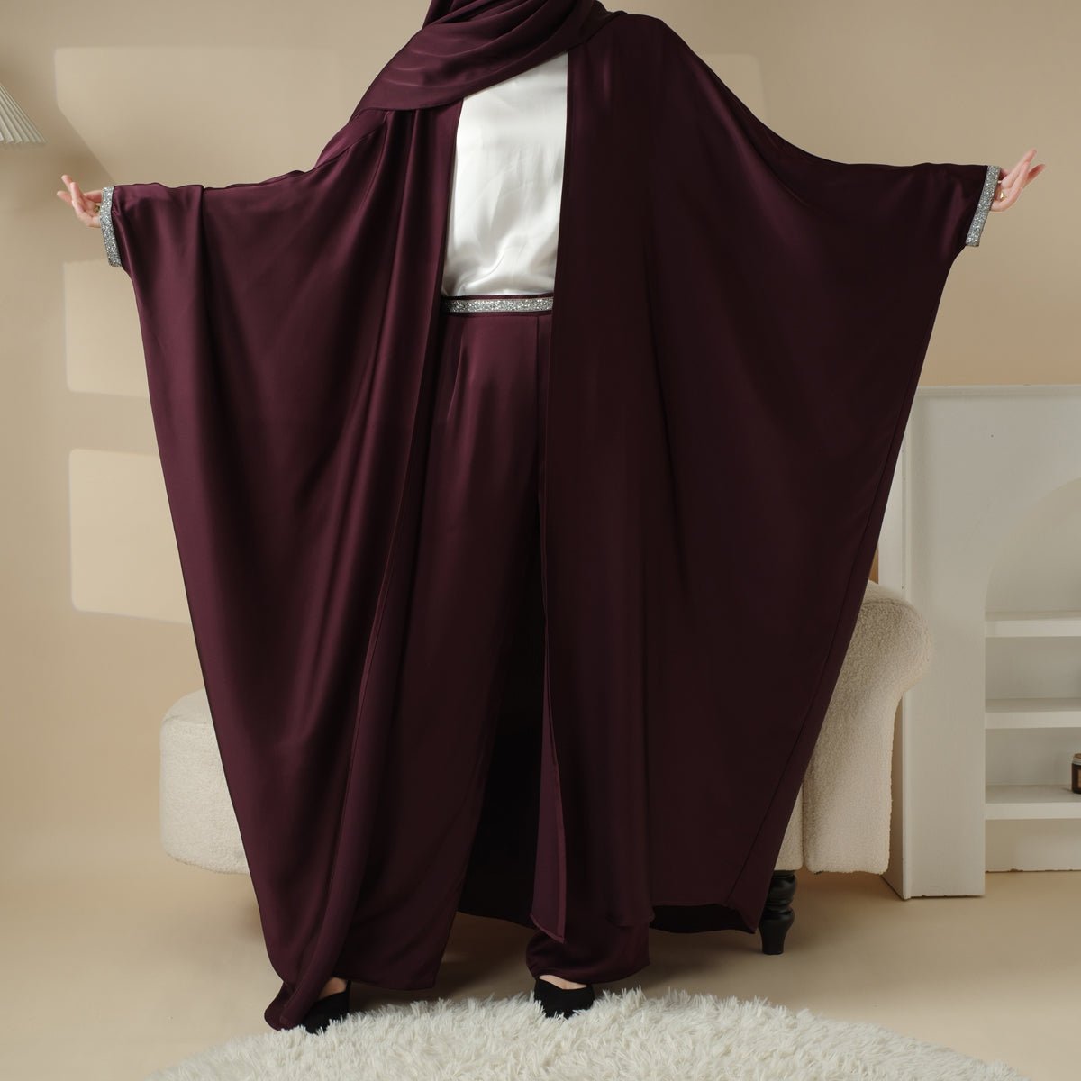 Archive Piece Abaya With Satin Shirt And Rhinestone Trousers - MP002 (Size M Only)