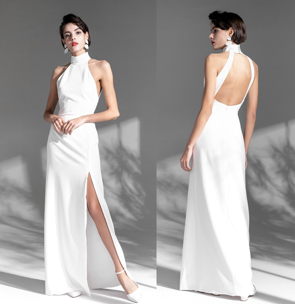Elegant Haltered Hallowed Back Satin wedding dress thigh Split mini wedding dress