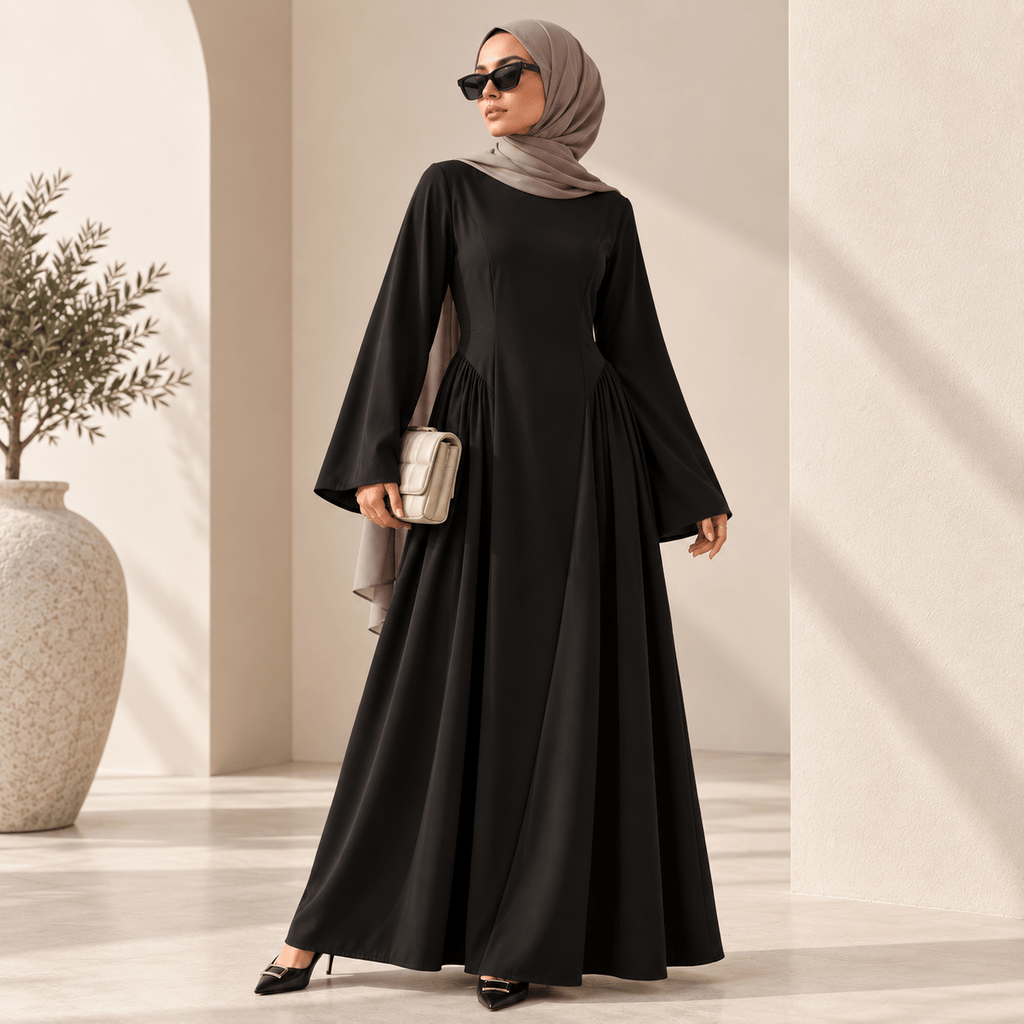 Nida Flared Maxi Dress with Pleated A-Line Skirt & Wide Bell Sleeves(MS435)