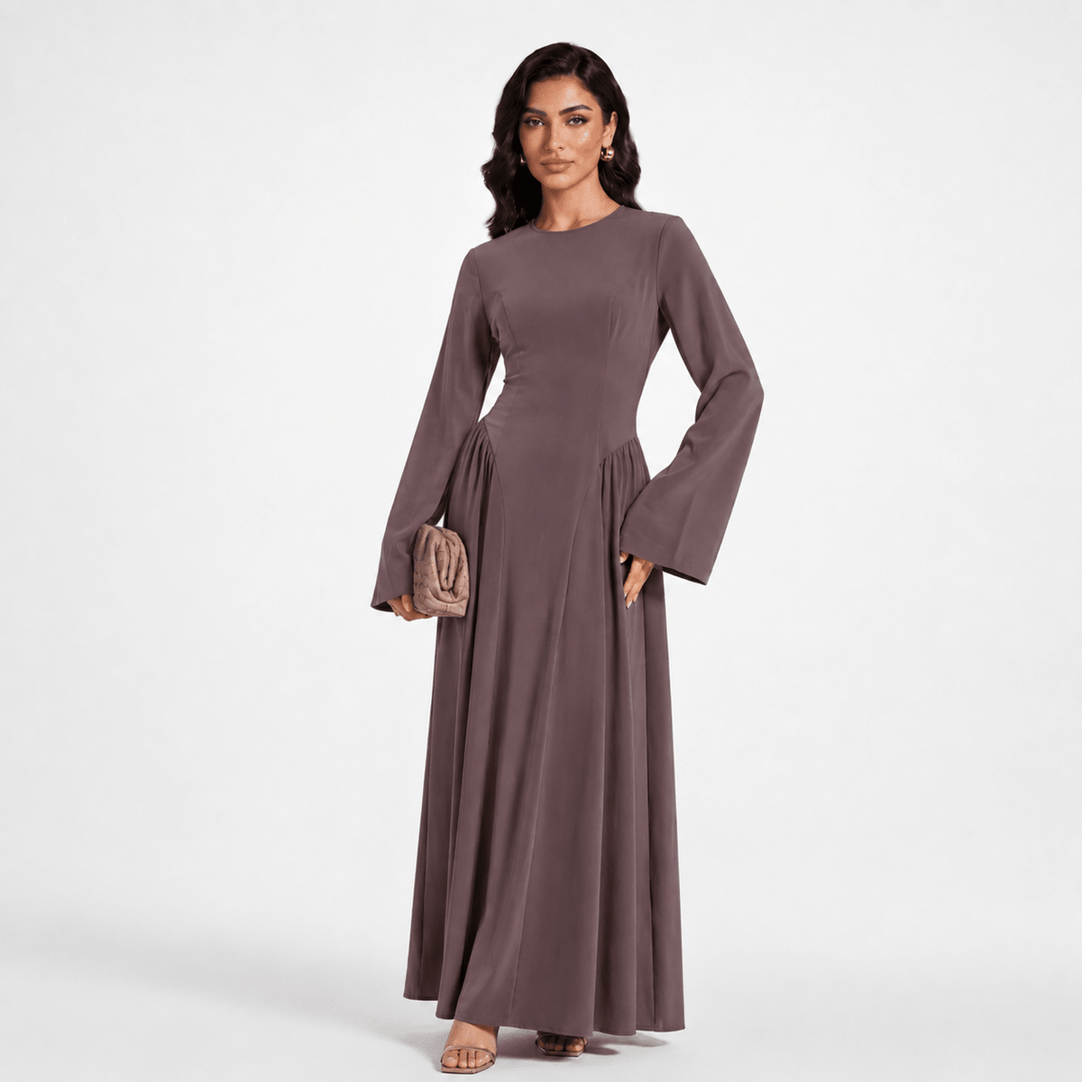 Nida Flared Maxi Dress with Pleated A-Line Skirt & Wide Bell Sleeves(MS435)