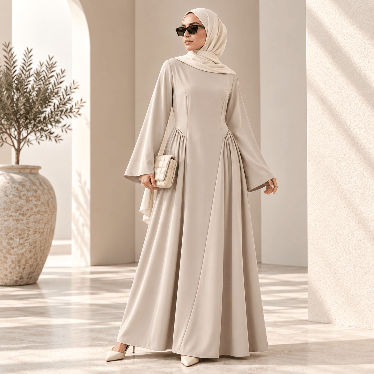 Nida Flared Maxi Dress with Pleated A-Line Skirt & Wide Bell Sleeves(MS435)