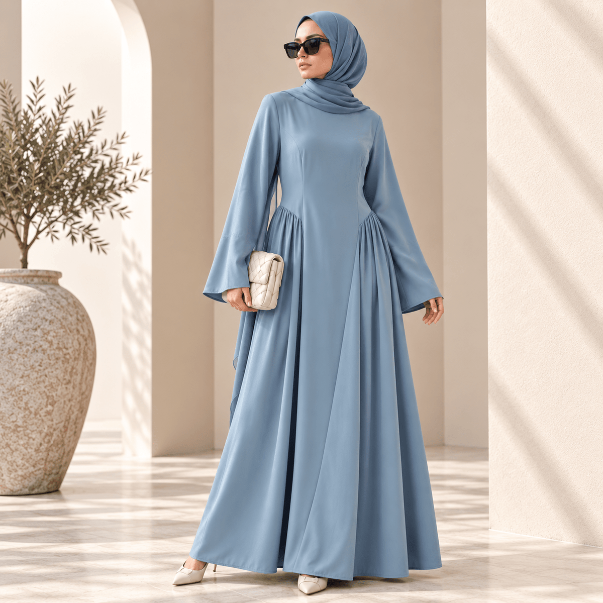Nida Flared Maxi Dress with Pleated A-Line Skirt & Wide Bell Sleeves(MS435)