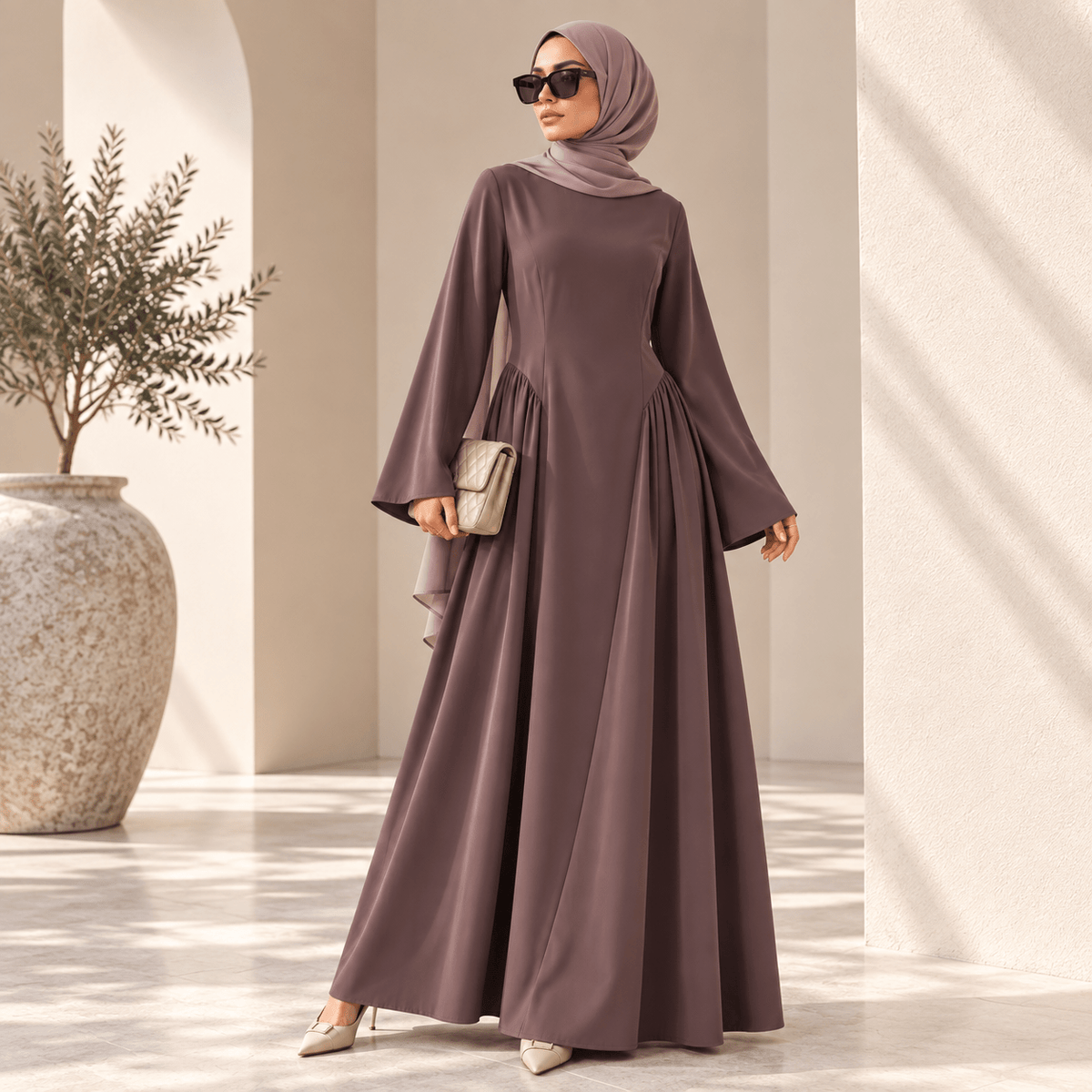 Nida Flared Maxi Dress with Pleated A-Line Skirt & Wide Bell Sleeves(MS435)