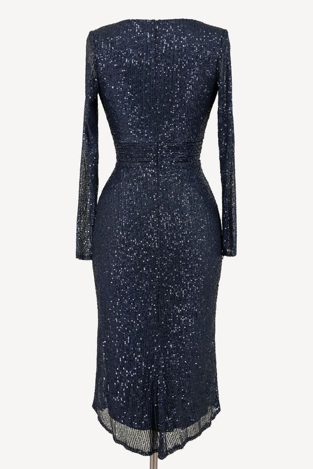 Ladivine Amoris T807 Knee Length Long Sleeve Sequin Dress V-Neckline
